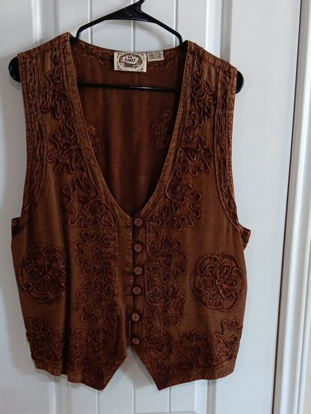 Vtg 90s 24 Karat Boho Embroidered Rayon Vest Brown Free Size Whimsigoth
